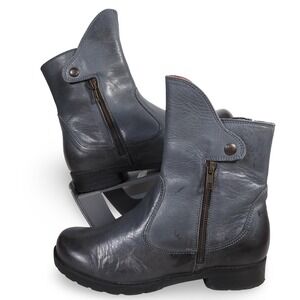 JAFA Womens Gray Leather Side Zip Ankle Boots EU 7/37 Distressed Low Heel